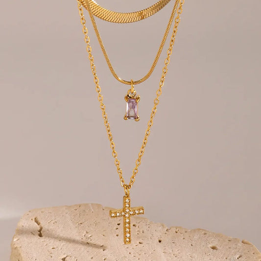 Pave Cross Layered Necklace