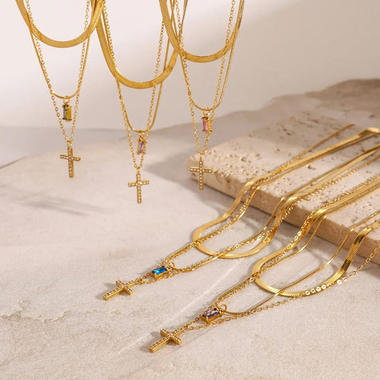 Pave Cross Layered Necklace
