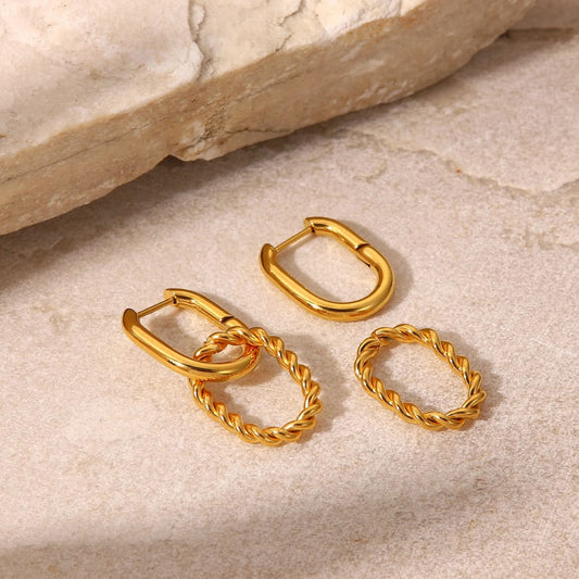 Twisted Oval Linked Gold Hoop Earrings