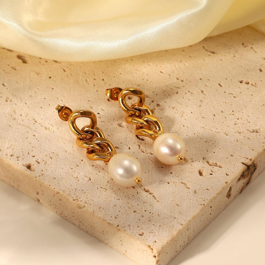 Gold Pearl Drop Chain Earrings